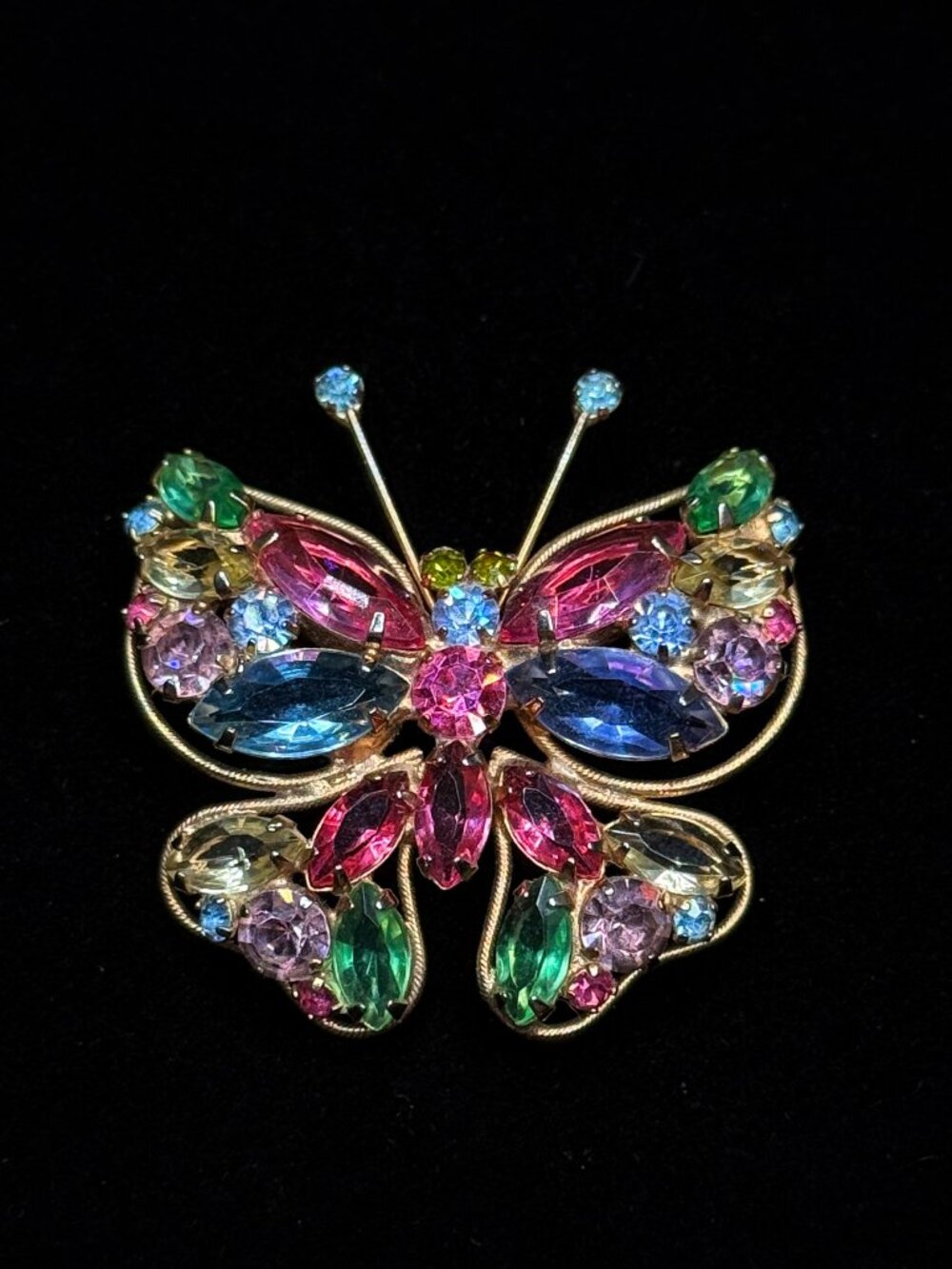 STUNNING Multi Color Rhinestone Gold Tone Butterfly Brooch 1.75"